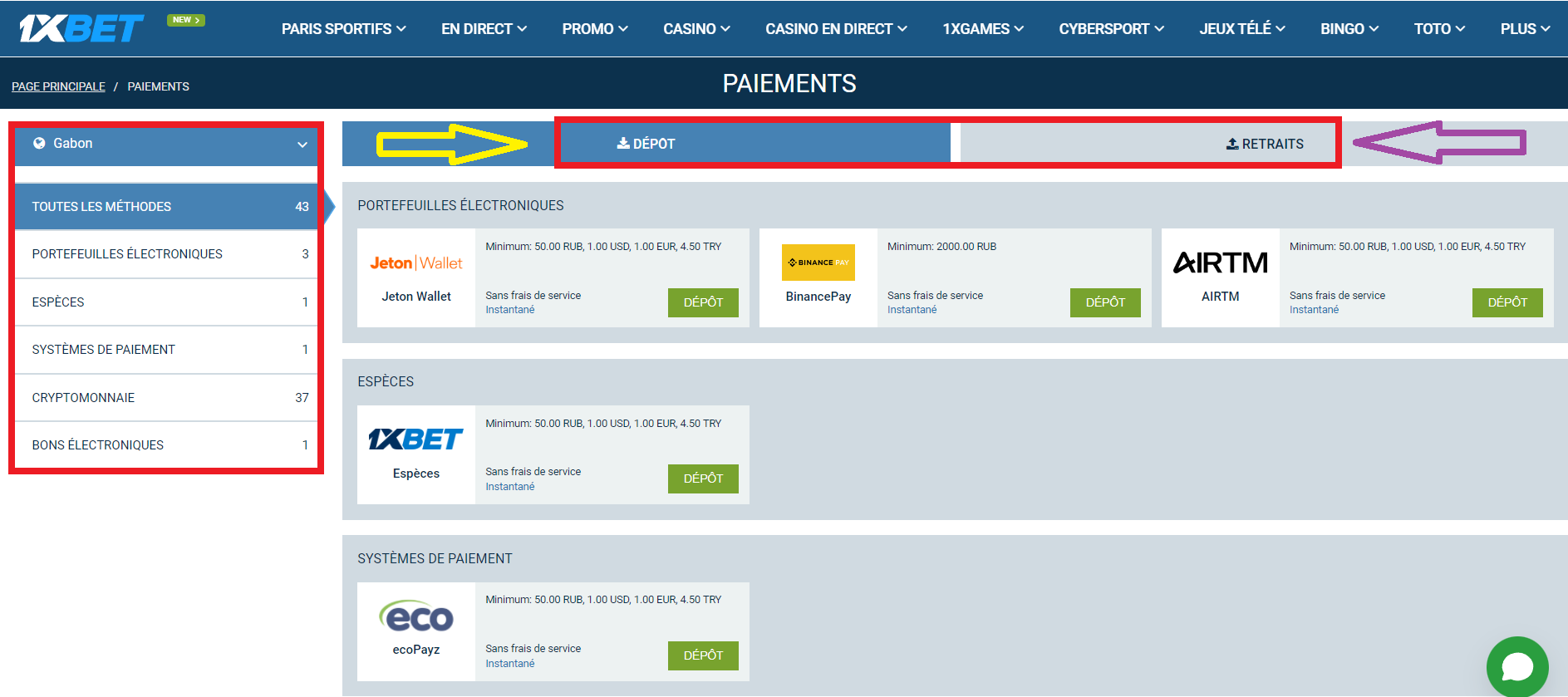 Processus d'inscription dépôt sur compte 1xBet